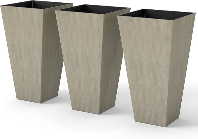 Outsunny Tall Planters for Outdoor Plants Set of 3, 28 in Taper Planters with Drainage Holes, Indoor Grande Plant Pots, Front Porch Decor, Grey