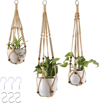 MKO SHUN 3-Pack Macrame Plant Hanger Indoor - Hanging Planter Basket for Indoor Outdoor - Decorative Boho Plant Holders Set with Beads - Ceiling Flower Pot Holder with 6 Hooks - 35"/30"/24" Linen