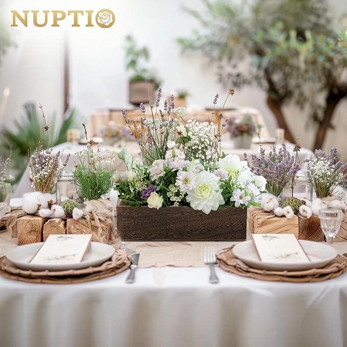 NUPTIO Wooden Box Centerpiece for Table: 6 Pcs 11.8" Long Wood Rectangle Box - Farmhouse Flower Box for Fall Wedding Dining Living Room Mantel Table Centerpiece Decor