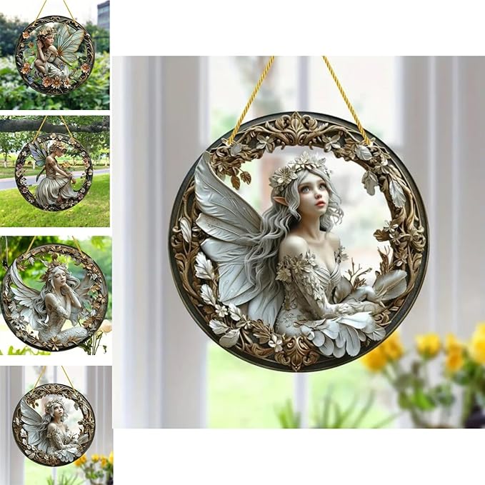 Flower Fairy Garden Decorations Angel Wing Christmas Halloween Deco Statue Art Elf Sculpture Hanging Craft for Outdoor Yard Courtyard Lawn Patio Window Acrylic Ornament Home Gift (D,S: 6*6 IN)
