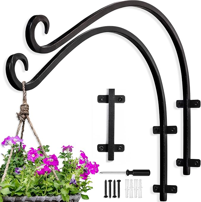 AJART Plant Hanger Bracket Outdoor: 16-Inch Metal Bird Feeder Wall Hooks - 2 Pieces Heavy Duty Plant Hanger Hook for Hanging Flower Baskets
