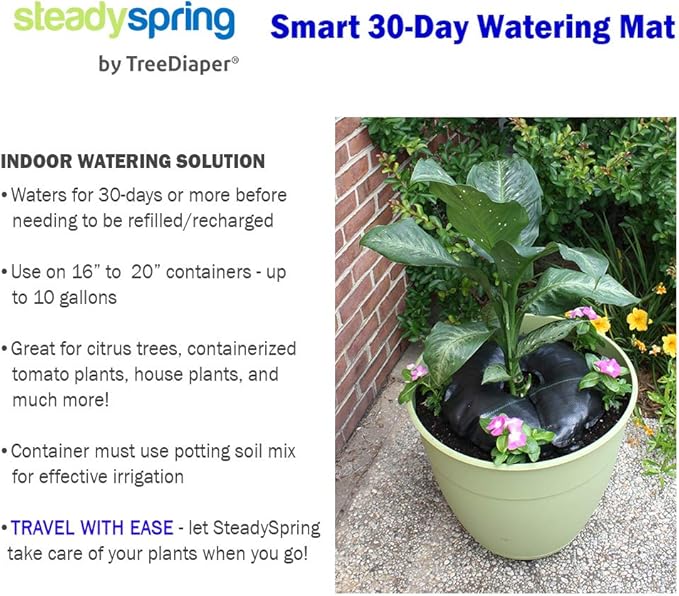 SteadySpring(R) Smart 30+Day Watering Mat Auto Refills with Rain for Tomato Plants, Peppers, Veggies, Perennials, Annuals in 1-2 Gallon Containers or with a 7 in to 10 in Root Ball (1)