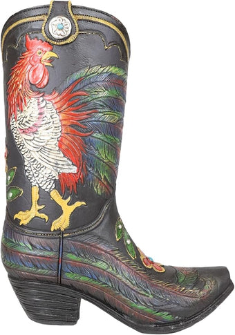 Ebros Gift Rustic Western Country White Breasted Rooster with Colorful Tail Feathers Faux Tooled Leather Cowgirl Or Cowboy Boot Decorative Flower Bouquet Vase Or Planter Figurine 10" H