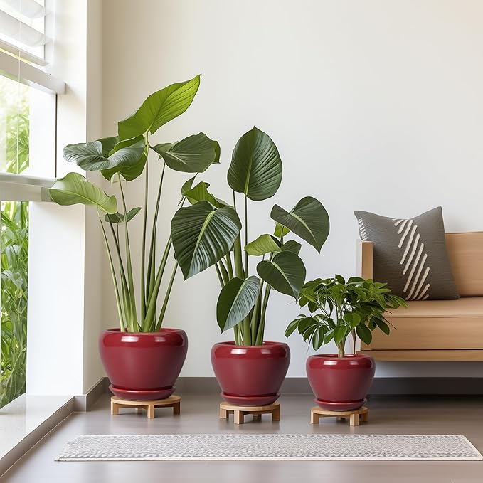 Ceramic Pots for Plants - 10 Inch 8 Inch 6 Inch Plant Pots with Drainage Holes and Saucers Large Planters for Indoor Plants Decorative Outdoor Flower Pots Set of 3 Red