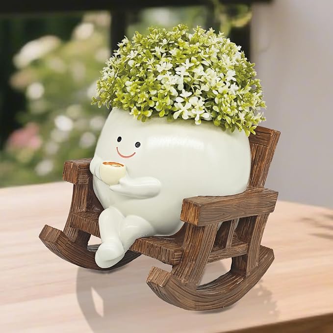 Smiley Face Planter Pot, Cute Coffee Plant Pots for Indoor Outdoor,Unique Rocking Chair Plant Pot for Succulents Plants Live with Drainage Hole,Gift IdeaI for Mother and Appreciation Christmas (Large)