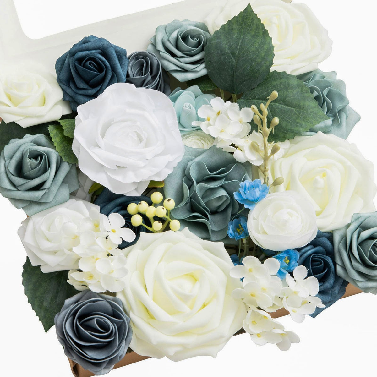 Ling's moment Fake Flowers Box, Dusty Blue & Ivory Grand Combo