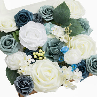 Ling's moment Fake Flowers Box, Dusty Blue & Ivory Grand Combo