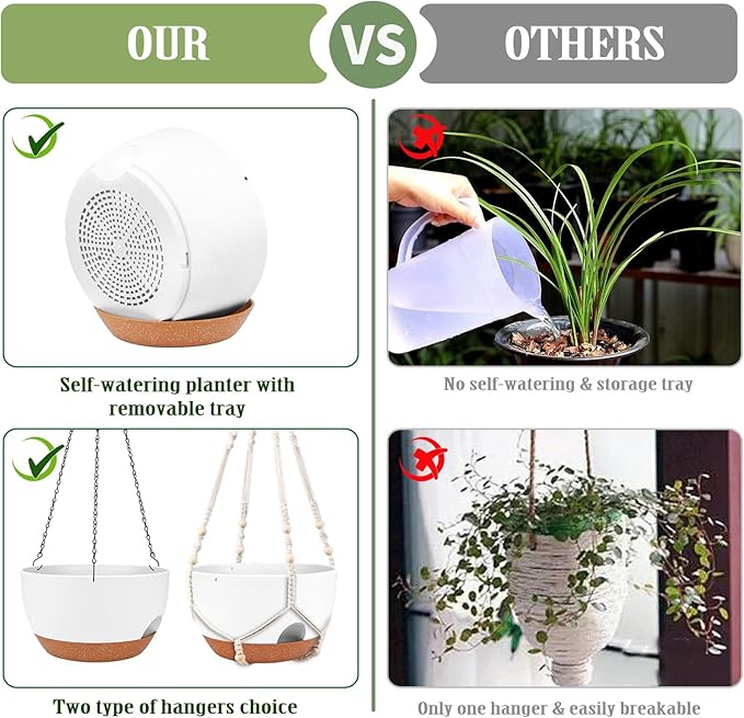 Lucieblessdesign Hanging Planters for Outdoor Indoor Plants, 2 Pack 12 Inch Hanging Basket Plants Outdoor, Self Watering Hanging Planter with Plant Hanger for Garden Home Decoration (White)
