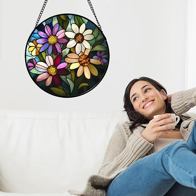 Stained Glass Window Hanging - Colorful Daisies Suncatcher for Door Garden Patio Retro Flower Sun Catchers Decor Christmas Mother's Day Birthday Gifts for Women Mom Nana Aunt Friend 7.8 in