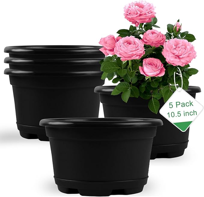 KPUVX 5 Pack 10.5 inch Plant Pots,Planter-Pots-for-Plants，Plastic Flower Pot for Indoor Outdoor Plants with Drainage Holes & Trays, Decorative Garden Containers Sets for Houseplants