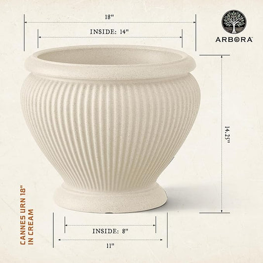 ARBORA 18" Cannes Urn Polyresin Indoor and Outdoor Planter with Classic Cream Finish - Durable, Weatherproof, Lightweight, Large Plant Pot for Patio, Garden, Deck, Entryway