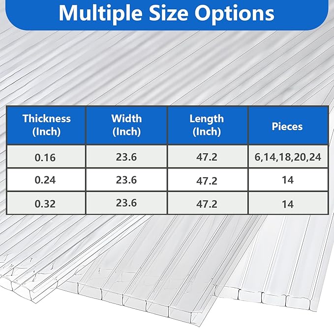 DGSL 6 Pcs Polycarbonate Greenhouse Panels, 4' x 2' x 0.16'' Twin-Wall Panels, Polycarbonate Sheet for All Weather Outdoor Garden and Greenhouse Covering