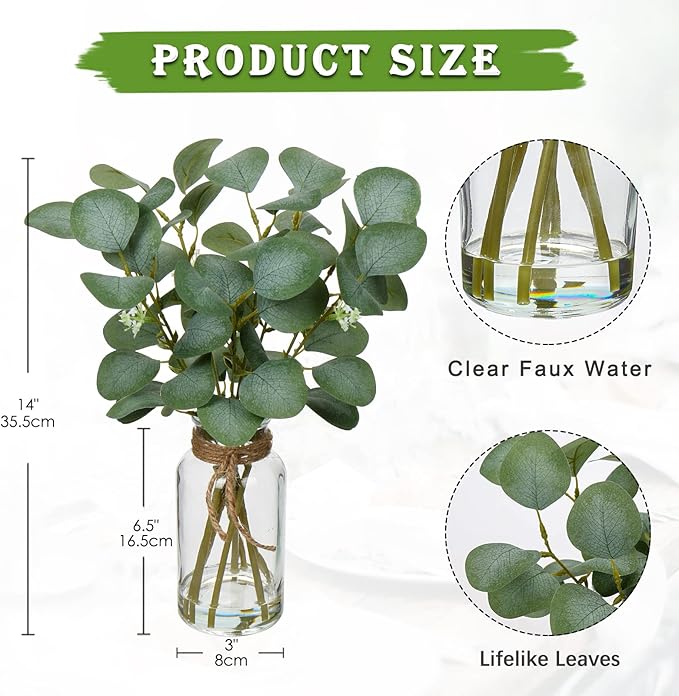 Briful Artificial Eucalyptus Stems in Glass Vase with Faux Water, 14" Fake Plant Eucalyptus Leaves for Home Farmhouse Wedding Centerpiece Bathroom Décor, 2 Packs