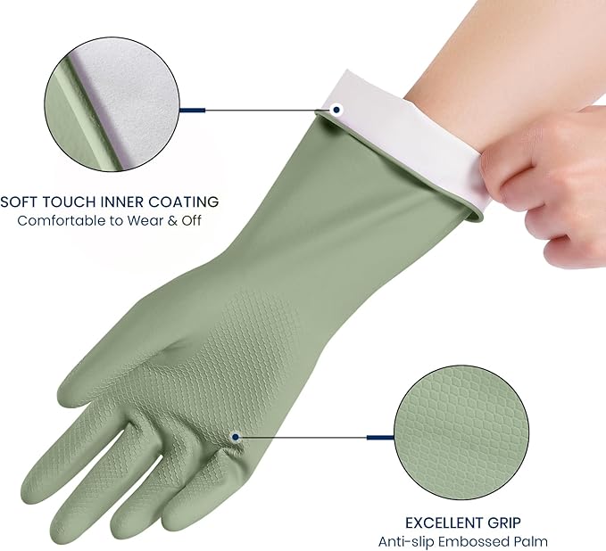 Rubber Cleaning Gloves for Dishwashing, 4 Pairs Reusable Kitchen Gloves for Washing Dishes and Household Cleaning, Green Dish Gloves with Flocked Lining and Non-Slip Grip, Pefect for Woman Men - S
