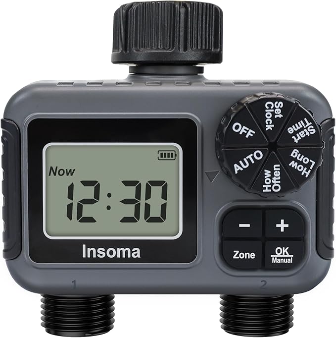 Insoma 2-Zone Sprinkler Timer, Programmable Garden Hose Timer with Auto/Manual/Rain Delay Modes | Water-Saving Irrigation Controller for Lawn, Yard & Drip Systems | Waterproof Design & Easy Setup