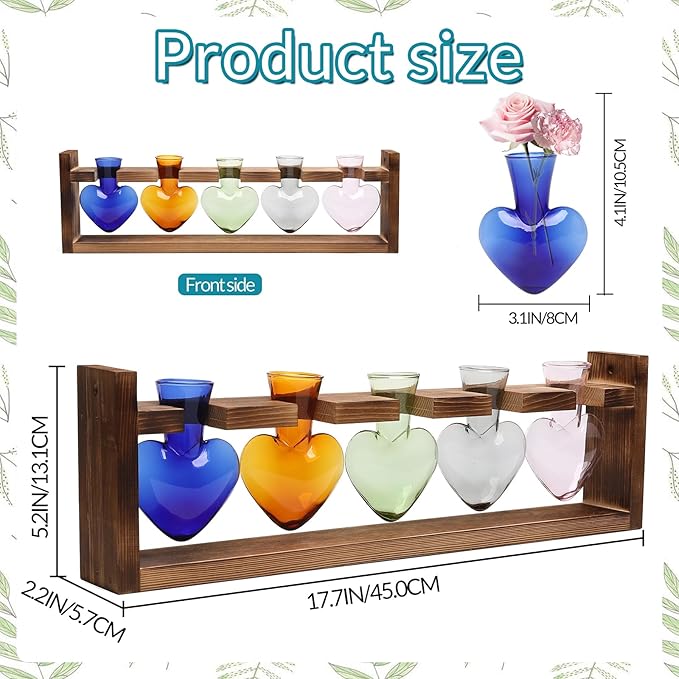 Plant Terrarium Hanging Propagation Stations Gift for Women Air Plants Holder with Wooden Stand Heart Glass