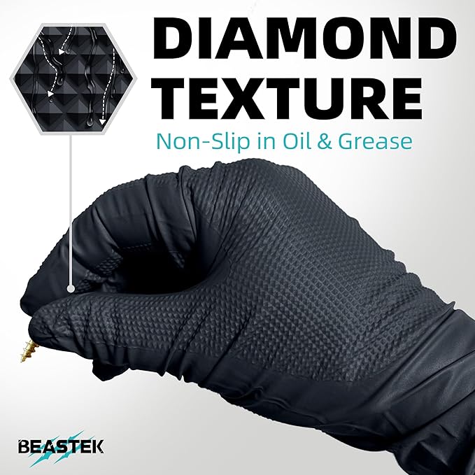 Beastek Nitrile Disposable Gloves, 8Mil Latex & Powder Free Chemical Resistant Heavy Duty Food Safe Diamond Glove Black 50Pcs