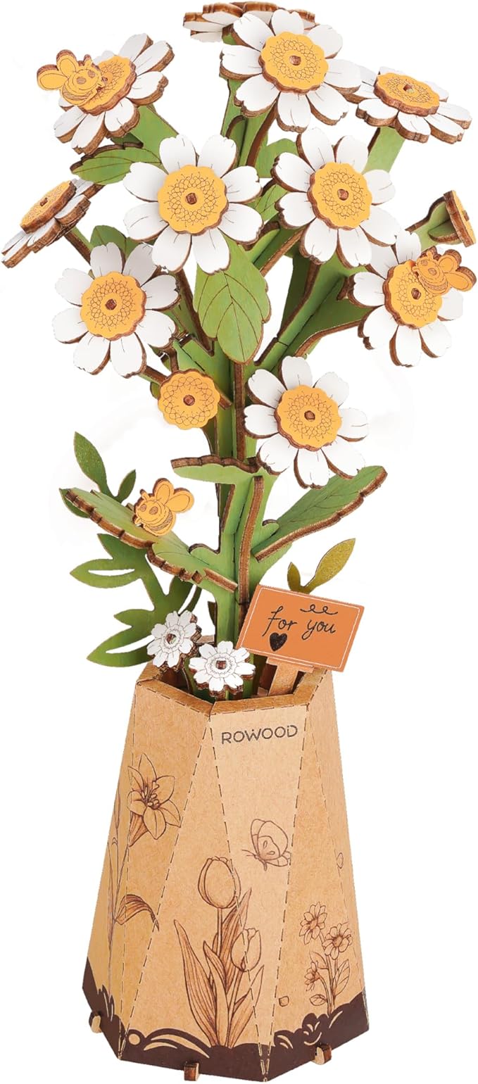 rowood 3D Puzzle Wooden Flower,DIY Flower Building Block Set Craft Kit,Mother's Day/Valentine's Day/Teacher's Day/Thanksgiving/Christmas/Birthday Gift for Mom/Grandma-Chamomile