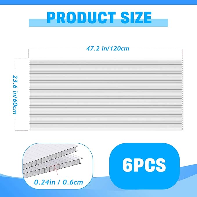 6 PCS Polycarbonate Greenhouse Panels, 4' x 2' x 0.24" Twin-Wall Panels, Polycarbonate Sheet for All Weather Outdoor Garden and Greenhouse Covering, Excellent Light Transmission & Weather Resistance