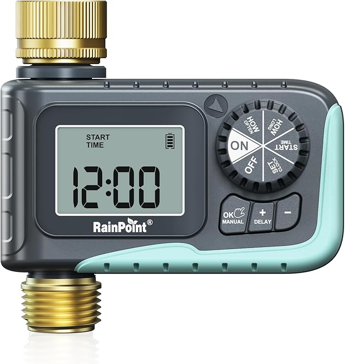 RAINPOINT Sprinkler Timer with Brass Inlet & Outlet, Programmable Hose Timer for Garden Soaker Hose, Watering Timer with Rain Delay/Manual Watering System, Digital Drip Irrigation for Yard, Lawn