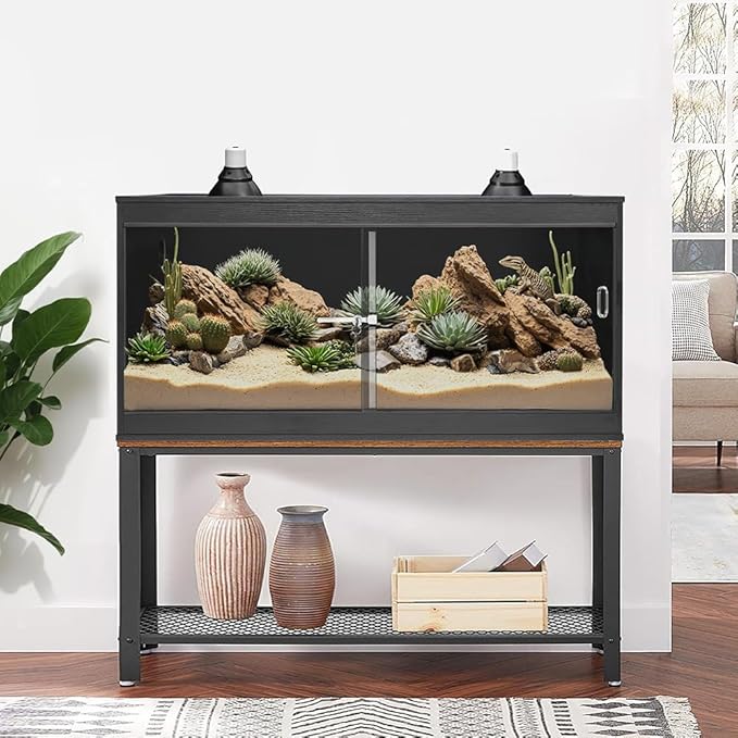 unipaws 110 Gallon Reptile Tank for Lizards, Bearded Dragon Enclosure Terrarium, Large Stackable Cage with Glass Sliding Doors and Lock and Cable Port, Black