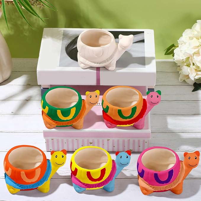 Pasimy 6 Set Ceramics to Paint DIY Ceramic Succulent Planter Pots Paint Your Own Flower Pots Craft Kit Unpainted Bisque Flowerpot with Brush Palette for Family Activity Holiday Gifts(Turtle)