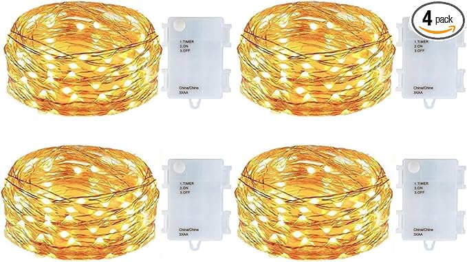 4 Pack Battery Operated Dewdrop Led Lights,Indoor Mini Fairy Lights with Timer Function,for Wedding Home Parties Christmas Holiday Decoration,6 Hours on/18 Hours Off ,30 Count LEDs,10 Feet