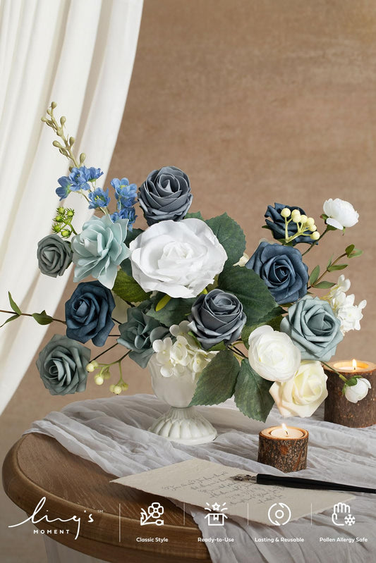 Ling's moment Fake Flowers Box, Dusty Blue & Ivory Grand Combo