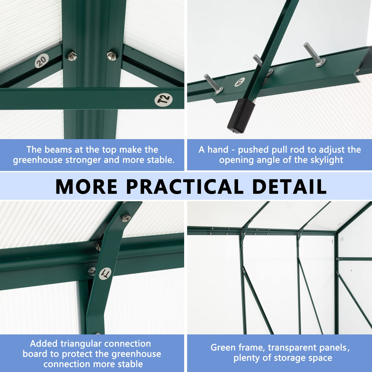 6x8 FT Green Outdoor Walk-in Polycarbonate Greenhouse Adjustable Roof Vent Sliding Door Aluminum Frame Galvanized Base for Backyard Gardening Plants Vegetables Flowers UV Protection Greenhouse
