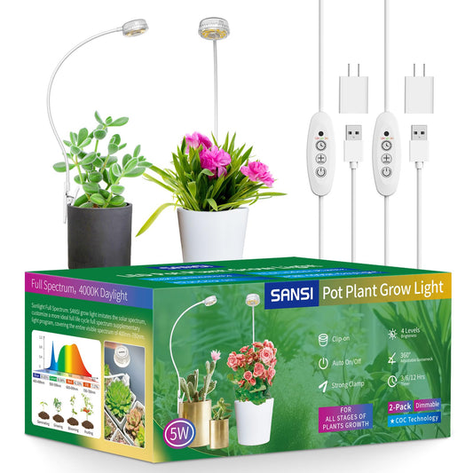 SANSI Grow Lights for Indoor Plants, Pot Clip On LED Plant Light, 5W 2-Pack