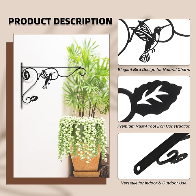 Aftermat 2 Packs Plant Hooks for Hanging, 12 Inch Indoor/Outdoor Metal Wall Black Hangers, Sturdy Plant Bracket for Planters, Wind Chimes, Lanterns, Bird Feeders, Garden, Home, Patio Decor