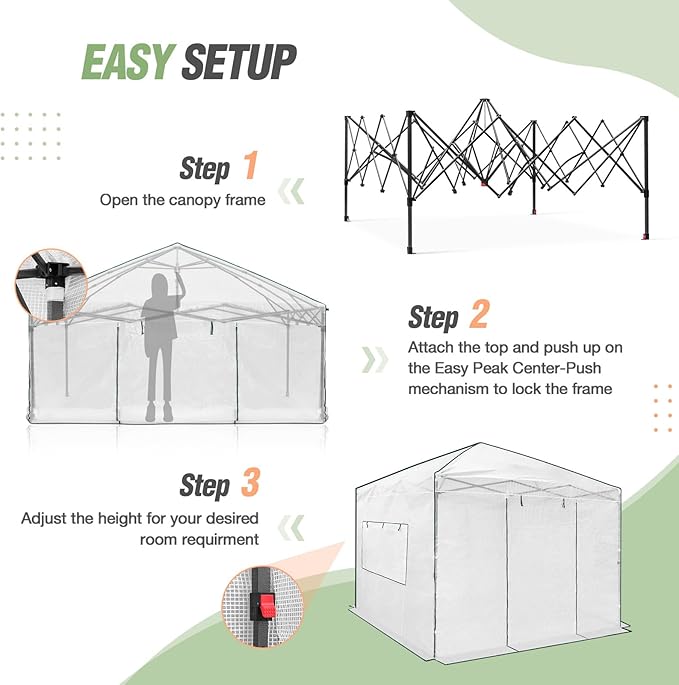 EAGLE PEAK Instant Pop-up Greenhouse, Indoor Outdoor Plant Gardening Green House, Roll-Up Zipper Doors and Side Windows, Walk in 10x10 ft, White/Clear