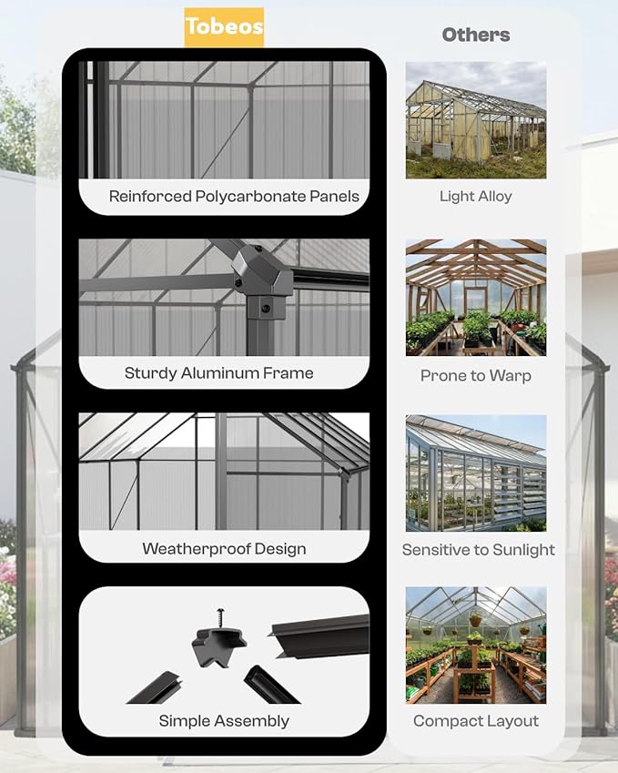 8×10 FT Walk-in Greenhouse Polycarbonate Greenhouse for Outdoors, Heavy Duty Backyard Garden Greenhouse with Aluminum Frame, Clear Panels, Adjustable Roof Vent, Rain Gutter System