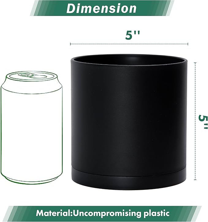 D'vine Dev 4 Pack 5 Inch Modern Plastic Plant Pots, Small Garden Planters for Plant with Drainage Holes and Saucers, Black Color, 74-Y-G-2