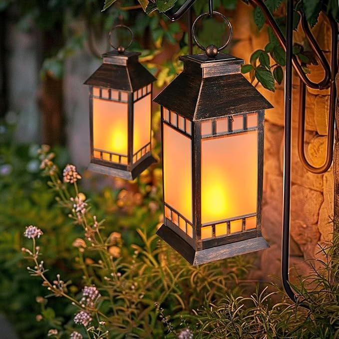 18'' Glass Solar Lantern Outdoor Waterproof, Large Hanging Solar Lanterns with Flickering Flame Lights, Metal Outdoor Lantern Decorative for Patio Garden Backyard Tabletop Mothers Day Gifts Mom