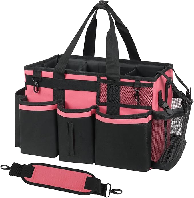 Wearable Cleaning Caddy, Cleaning Caddy Supplies Organizer with Handle & Shoulder Straps for Housekeepers, Under Sink & Car Cleaning Tool Organizers Bag with 4 Foldable Divider (OleanderRed)