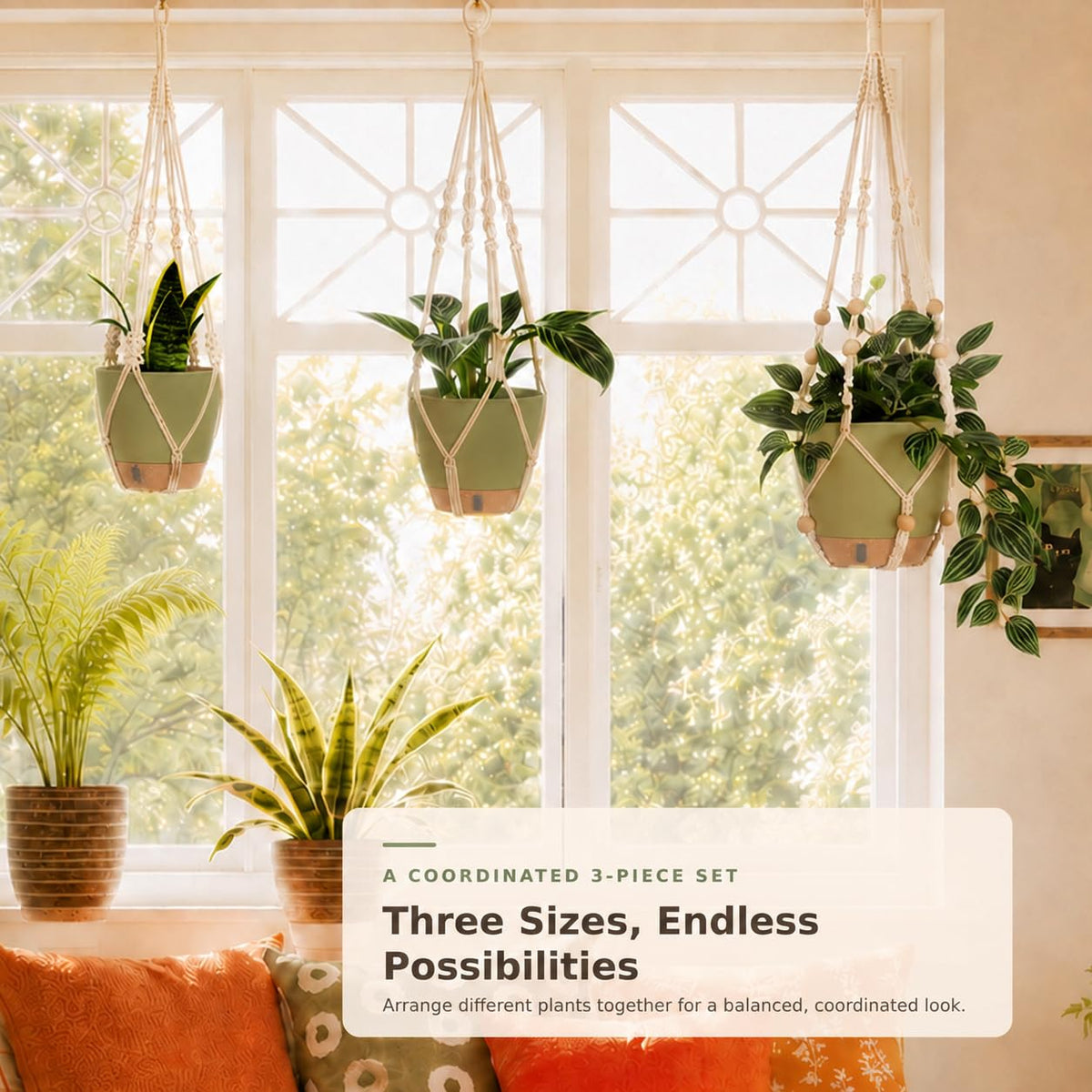 Bouqlife 3 Pack Hanging Planters for Indoor Plants Macrame Plant Hangers with Self Watering Flower Pots, 3 Different Size (Sage Green, Medium)