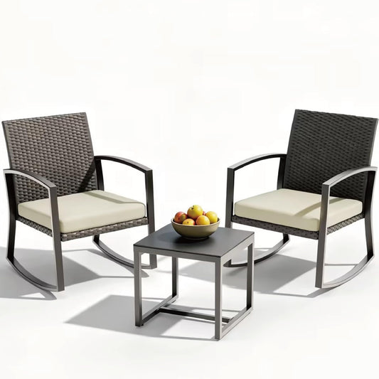 LAWNOOK Rocking Patio Bistro Sets - All-Weather - 3 Piece Rattan Conversation Furniture Set, Wicker Outdoor Front Porch Chair for Balcony, Porch, Garden, Backyard, Poolside,Beige
