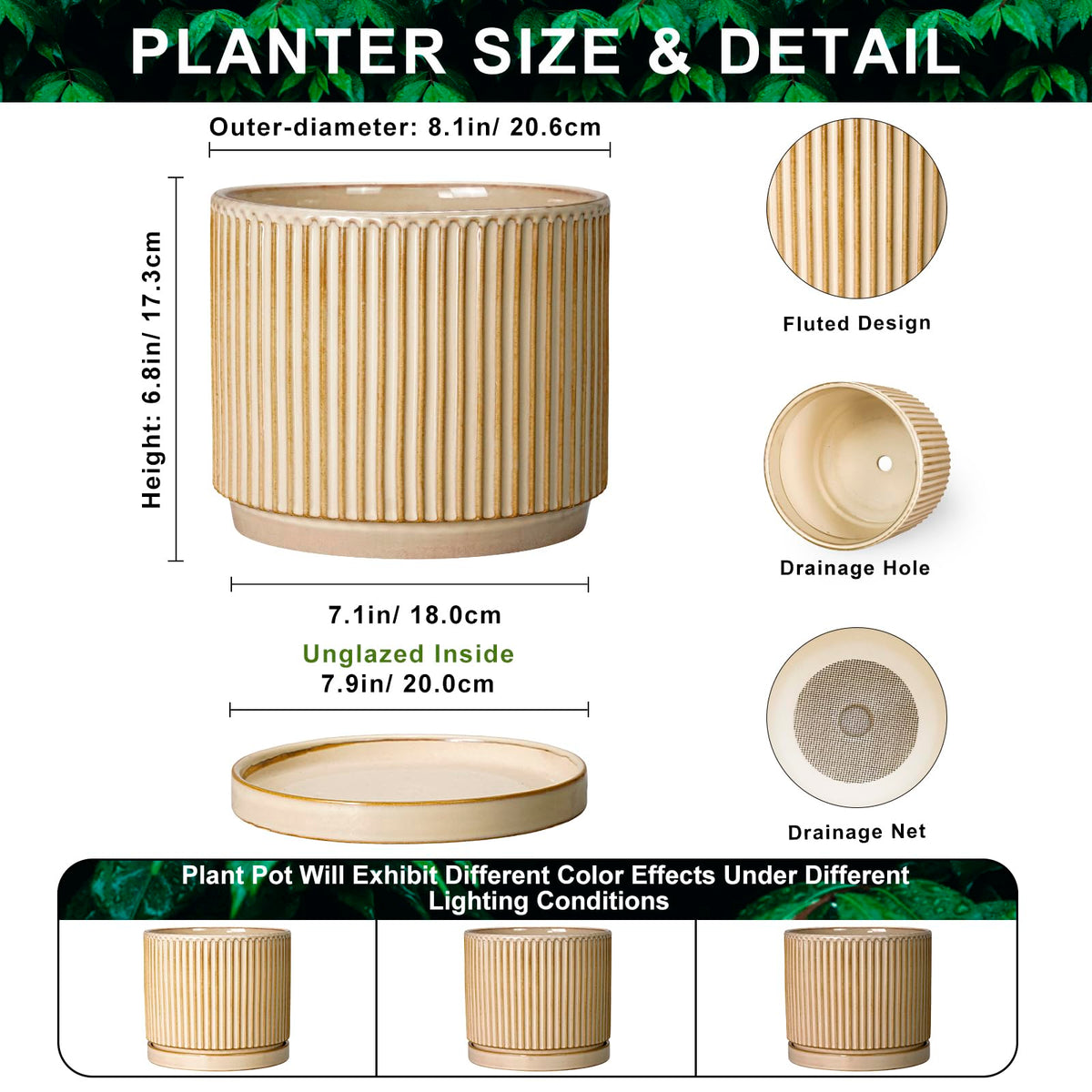 Wliror 8 Inch Flower Pot, Ceramic Planters, Round Plant Pot, Beige