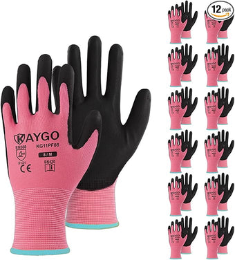 KAYGO Safety Work Gloves PU Coated-12 Pairs, KG11P Seamless Knit Glove with Polyurethane Coated Smooth Grip on Palm & Fingers, for Men and Women, Ideal for General Duty Work,Pink,Medium