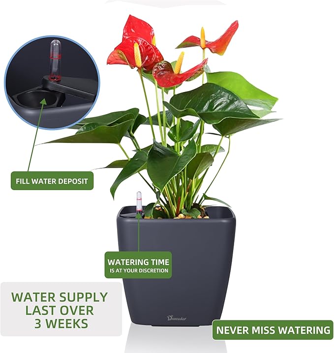 Dexceder 11x10 Self Watering Planter Indoor Outdoor, Inner Mat Design, Thickened Table Flower Plant Pot with Water Level Indicator (Slate Gray Matte)