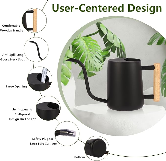 Plant Watering Can,35oz Metal Watering Can,Stainless Steel Indoor Plants with Long Curved Spout,Small Bonsai Outdoor Garden Modern Decorative(Black)
