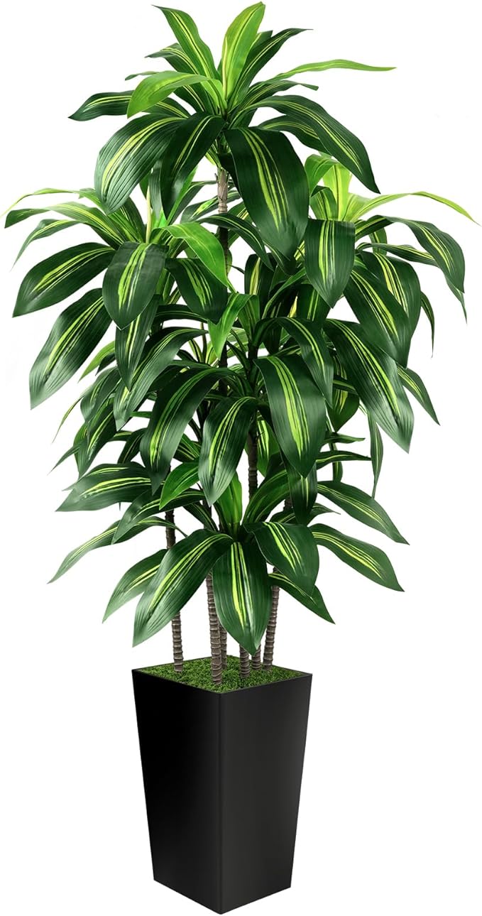 Artificial Dracaena Tree Indoor, 6FT Tall Fake Tree with Black Tall Planter, Artificial Trees Fake Yucca Potted Tree for Home Office Living Room Decor, Tall Artificial Plant for Housewarming