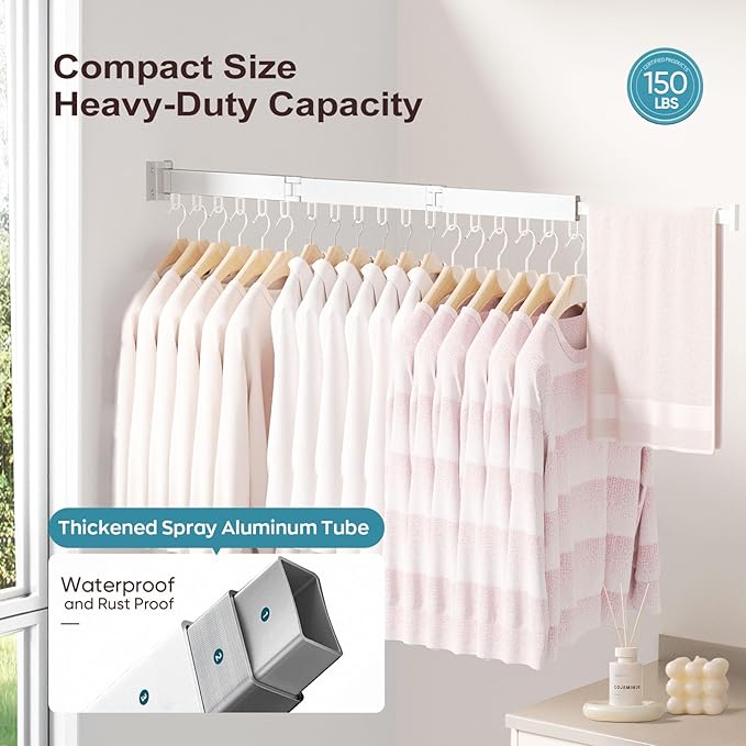 JAUREE Clothes Drying Rack Wall Mounted, Space-Saving Drying Rack Clothing, Collapsible Foldable Retractable Laundry Rack with 18 Hooks, Indoor/Outdoor, White