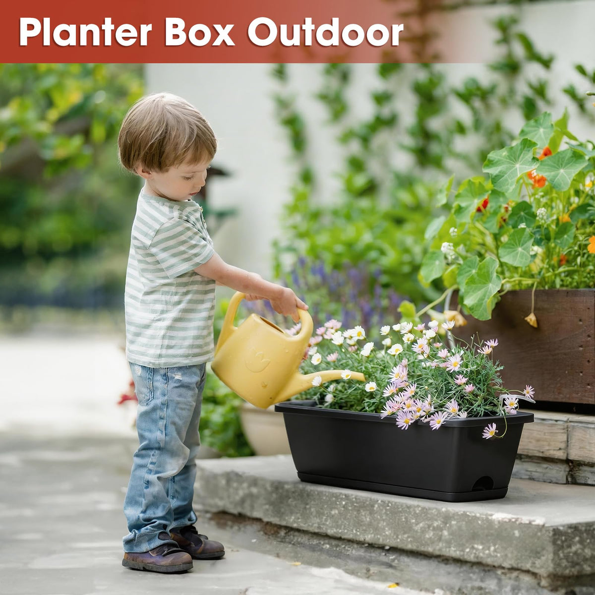 4 Pcs Hanging Flower Pots, 16.9 Inches Railing Planter Box, Black