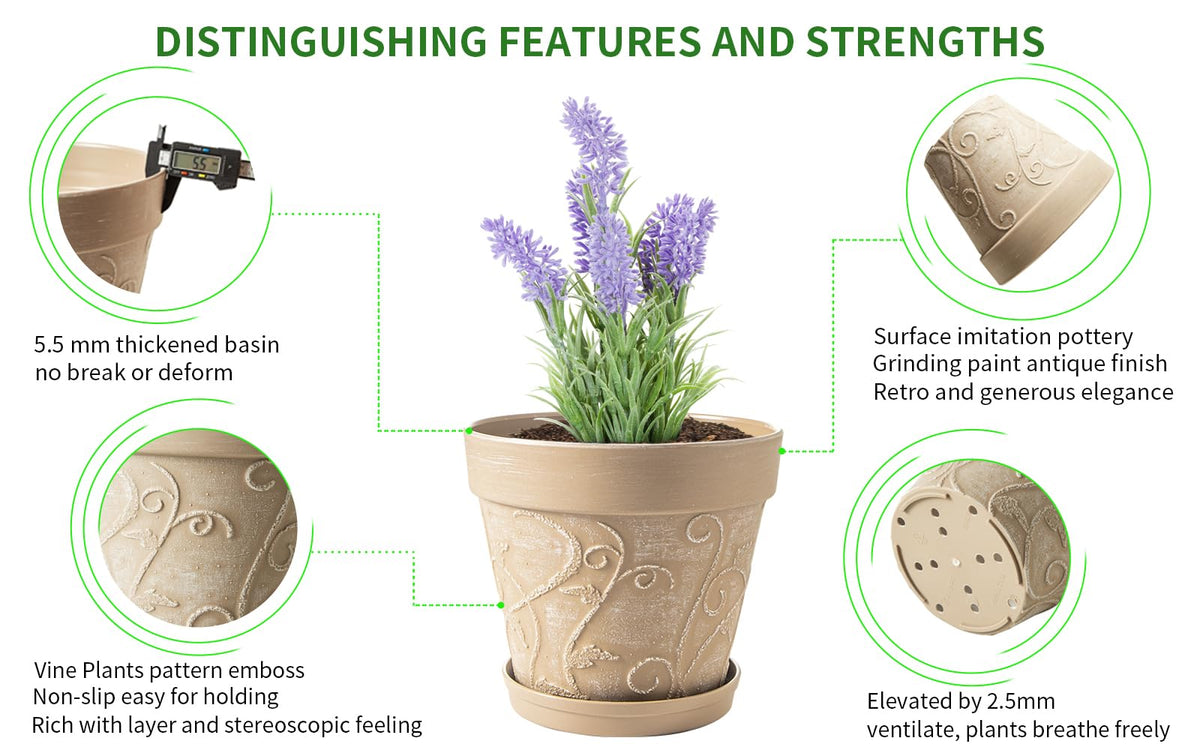 Melphoe Plant Pots Indoor with Drainage & Saucer, 2Pack 10 inch Flower Pots Outdoor Planters for Indoor Plants Garden Home Decor Cactus Succulent, Rigid Plastic (Imitation-Terracotta) Vine-Embossed