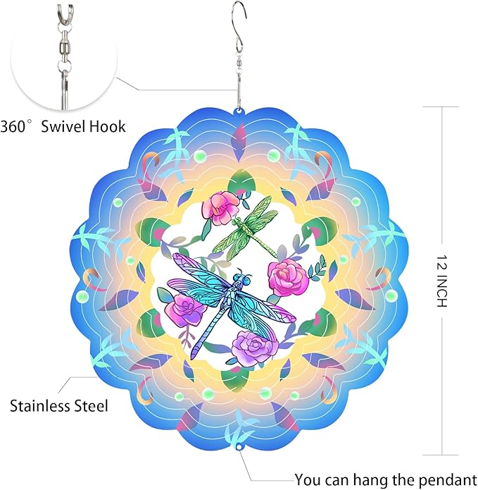 Dragonfly Wind Spinners Metal Dragonfly Gifts for Women Mom Grandma,12inch Hanging Wind Spinner for Outdoor&Indoor Decor Wind Kinetic Ornament for Yard Garden Decoration