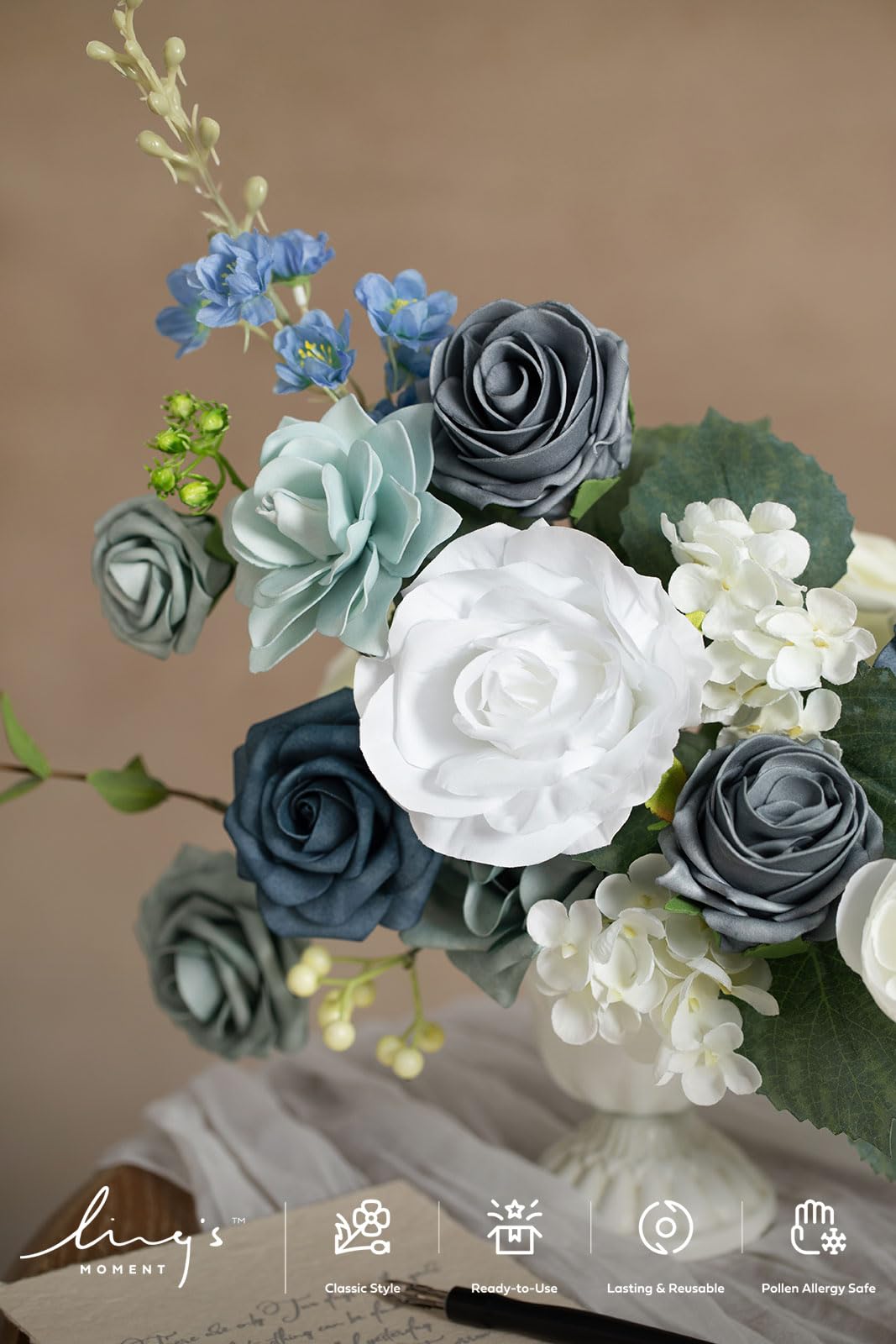 Ling's moment Fake Flowers Box, Dusty Blue & Ivory Grand Combo