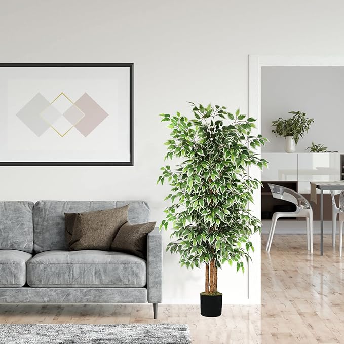 GTIDEA 6ft Artificial Tree Ficus, Tall Faux Trees Indoor with Natural Trunk and Fake Silk Tree Fake Plants for Home Spring Decor Living Room Outdoor Balcony House Office (Included Dried Moss)