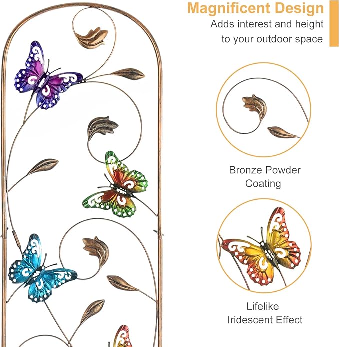 LEWIS&WAYNE 2 Pack Metal Garden Trellis with Colorful Butterfly 60 Inch High Outdoor Decoration Arched Fence Trellis for Climbing Plants for Patio, Lawn, Yard, Backyard, Wall Brackets